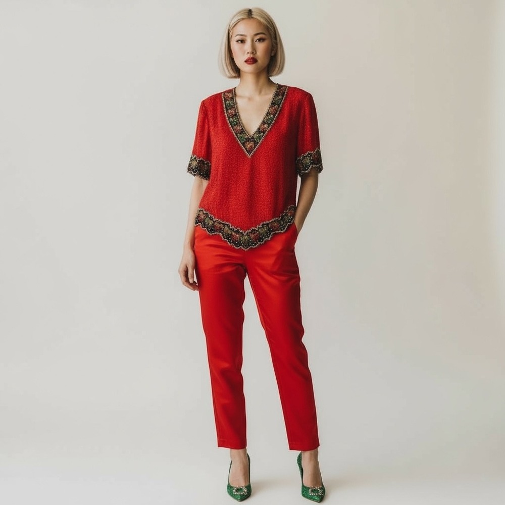 Vintage Laurence Kazar Red Beaded V Neck Short Sleeve Top XL - Picture 5 of 5